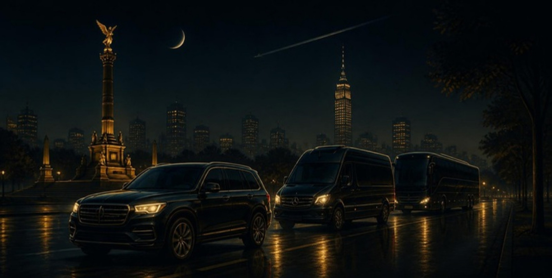 Caravana VIP de noche en Ciudad de México: SUV, Sprinter y autobús frente al Ángel de la Independencia